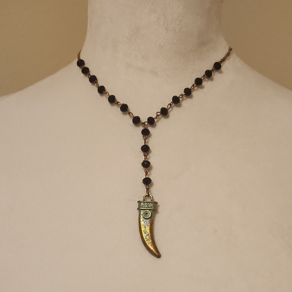 Gold and Black Beaded Horn Pendant Necklace Boho Gypsy Festival